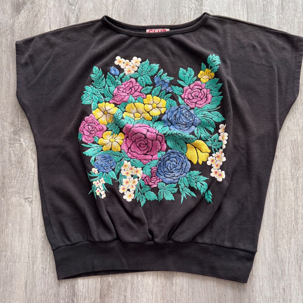 Vintage Club USA Floral Graphic Top Black Glitter Retro Dolman Short Sleeve M